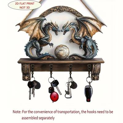 TEMU 1pc Traditional Dragon Key Holder - 2d Flat Print Wooden Wall Art With 4 Metal Hooks, Recycled Wood Key Hanger For Entryway, Porch, Room Decor - Home Decorative Organizer, 2d Flat Image