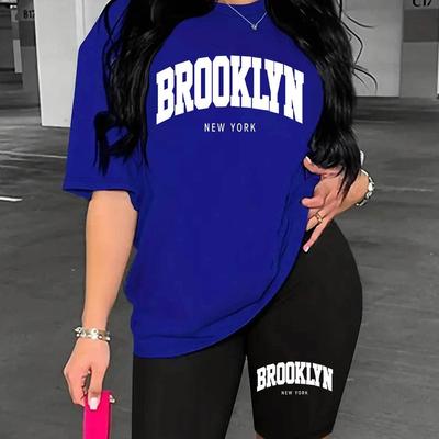 TEMU Brooklyn Monogrammed Two-piece Set, Short-sleeve T-shirt And Short Bottoms, Women's Image
