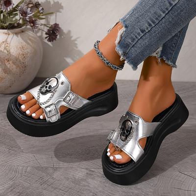 TEMU Women's Summer Slip-on Platform Sandals With Skull Detail - Open-toe High Heel Casual Shoes, Synthetic Cover Upper & Pu Sole, Machine Washable, Comfortable Footwear Image