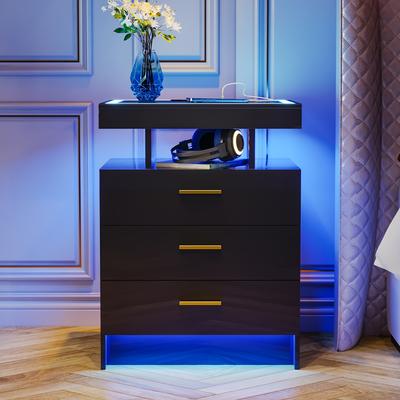 TEMU Led Nightstand With Charging Station, 3-color Dimmable Bedroom Bedside Table Adjustable Nightstand With 3 Drawers, Automatic Sensor For Bedroom And Living Room (black) Image