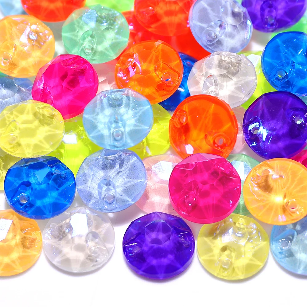 8mm/10mm/12mm Mixed Colors Glitter Round Glass Flat Back Rhinestones 2 Holes sewing Crystal For Crafts Garment DIY Accessories