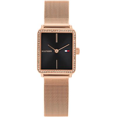 Quarzuhr TOMMY HILFIGER "TEA TANK", roségoldfarben, schwarz, Armbanduhren, Damen, Armbanduhr, Damenuhr, Edelstahlarmband, analog, Glassteine Image