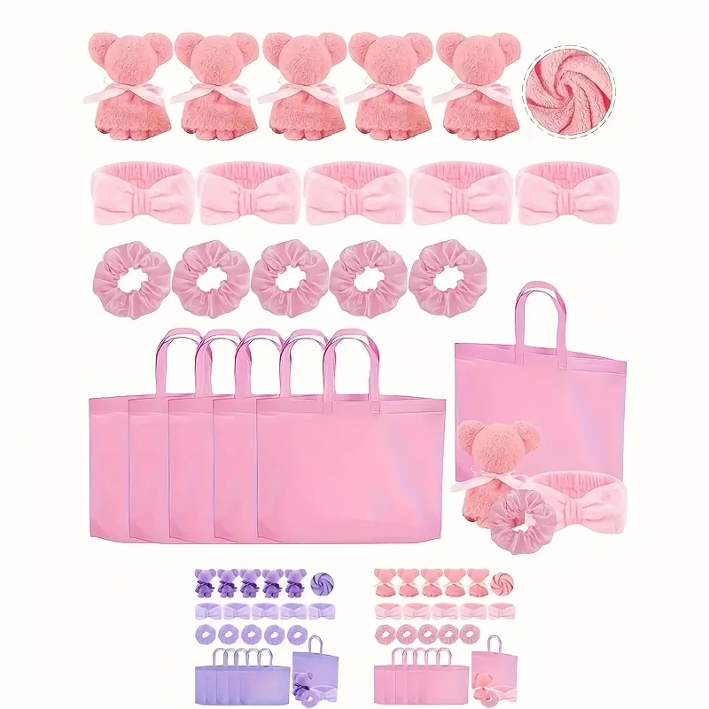 20 Spa-Geschenksets – 5 große Polyester-Beutel, 5 Stirnbänder, 5 Haarringe, 5 bärenförmige Stoffe – perfekt für Brautpartys, Einlegeln Image