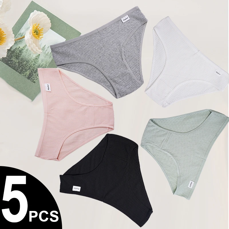 5 Stück Damen-Bikini-Unterwäsche mit niedriger Taille – einfarbige Unterwäsche, nahtlose, atmungsaktive, elastische, gestrickte Baumwollhöschen Image