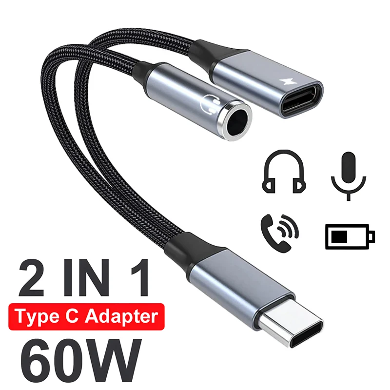 OTG 2 IN 1 Typ USB C auf 3,5 mm Klinke AUX Audio Kopfhörer-Adapter Schnellladegerät 60 W für Samsung iPhone 15 Huawei Xiaomi Tablet iPad Image