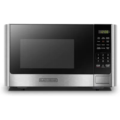Digital Microwave Oven with Turntable Push-Button Door, Child Safety Lock, Stainless Steel, 0.9 Cu
