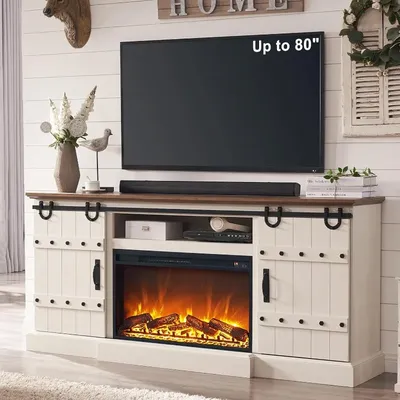 70" Fireplace TV Stand for 75+ 80 Inch TV, Farmhouse Highboy Entertainment Center with 30" Electric