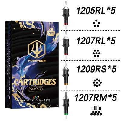 TEMU Poseidon Tattoo V5 20pcs Mixed Size Cartridge Needles Set - Rs Standard, Fast Rebound, Anti-shaking, High Stability For Professional Artists And Beginners, Body Art Supplies Image