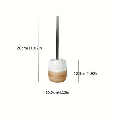 TEMU Elegant Ceramic Toilet Brush Set With Wood-like Texture Base - Soft Bristle, Long Handle, Stainless Steel Brush For Deep Cleaning & Drip Protection - Bathroom Decor, White & Gray/beige Options, Image