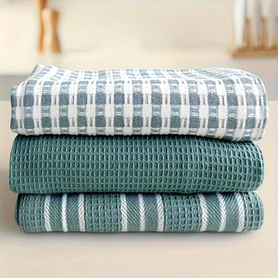 TEMU 3pcs Set Of Soft Absorbent Kitchen Towels - Large Size Waffle Weave Dishcloth, Pure Green With And Striped Patterns, Easy To - Cooking, Baking And Image