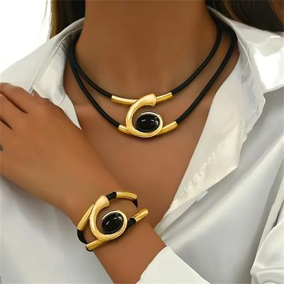 TEMU A Necklace And A Bracelet, A Vintage Bohemian Style Spiral Acrylic Inlaid Curved Tube Double-layer Fashionable Jewelry Set For Women. Image