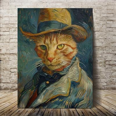 TEMU 2d Flat 1pc, Canvas Wall Art With Wooden Frame11.8x15.7inch, Original Van Gogh Cat Portrait, Antique Cat Oil Portrait Painting Suitable For Anniversaries, Rooms, And Hang Fff346, 2d Flat Image