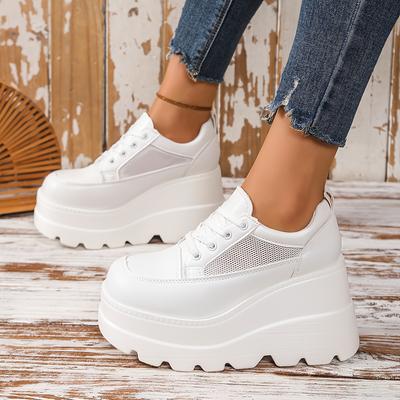 TEMU Women's Pink Platform Sneakers - Casual High-top Lace-up Shoes With Chunky Sole, Non-slip Rubber Base, , Casual Footwear | Chunky Sole Sneakers | Rubber Base Image