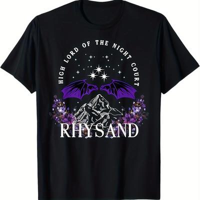 TEMU Rhysand Of Court Men's Vintage-inspired T-shirt - 100% Cotton, Short Sleeve, Round Neck With Bat & , Breathable & Stretchy Fabric For All , Black Image