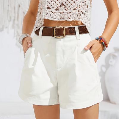 TEMU Women's Elegant Solid Color Shorts With Slanted Pockets - Casual White Shorts, , Casual Summer Wear||pocketed Shorts Image