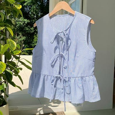 TEMU Women's Striped Sleeveless Blouse With Adjustable Bow Tie Front, Hem & Lace Trim - Round Neck Casual Shirt, Machine Washable Top For Women, Summer Fashion, Fit Image