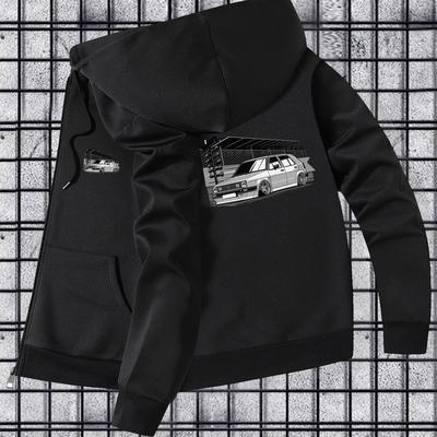 TEMU Men' Retro Car Print Hoodie Jacket - Casual, Skinny Fit With Zipper Closure, Pockets, Fall/winter Outerwear, Winter Jacket | Car Print Jacket | Zippered Jacket Image