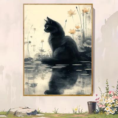 "TEMU 1pc Stylish Black Cat Canvas Art Print – Frameless Minimalist Wall Decor, 12x16" Or 16x24", Unique Animal Poster For Modern Home Or Office Decoration, Cat Decor" Image