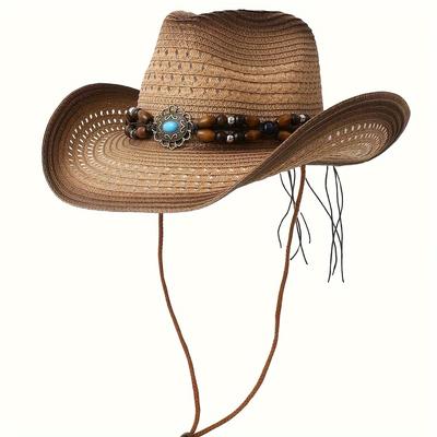 TEMU 1pc Straw Hat Men's Summer Straw Hat Rolled Brim Cowboy Hat Outdoor Sunshade Hat Hat Simple Slim Belt Decorative Straw British Style Jazz Hat Unisex Spray Painted Cap Image