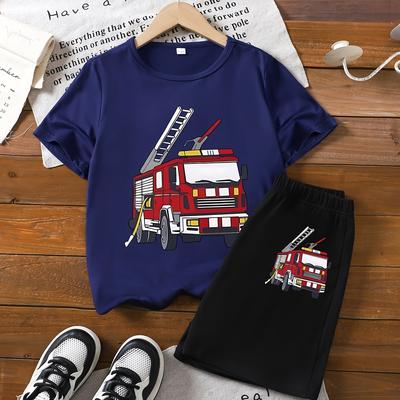 TEMU Boys' Summer Short Sleeve 'fire Truck' Print T-shirt And Shorts Set Image