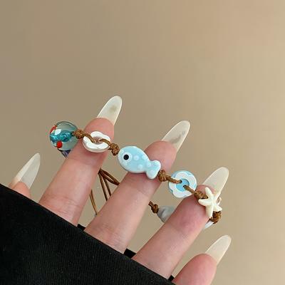 TEMU 1pc Gentle Light Blue Ceramic Star Bracelet Fashionable Cute New Chinese Handmade Braided Blue Beaded Hand Rope Image