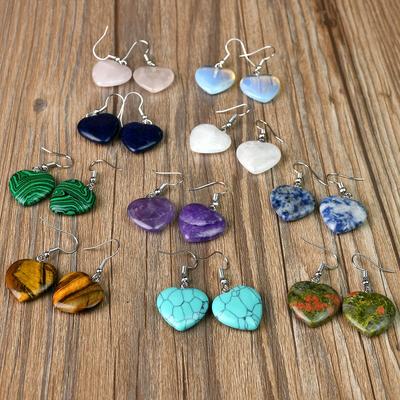 TEMU 10pcs Set Natural Stone Heart-shaped Earrings Bohemian Style Amethyst Tiger Quartz Gift For , Vacation Birthday Day With Random Deep And Light Colors Crystal Image