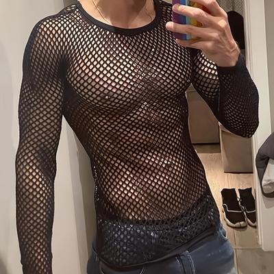 "TEMU Men's Long Sleeve Mesh T-shirt - "i Am The " Graphic, Breathable Fishnet Top For Fitness & Parties, Party Attire| Statement|stretchy Fabric" Image