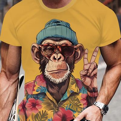 TEMU Vibrant Yellow Short-sleeve T-shirt With Print, Round Neck Casual Fit, Polyester Fabric, Outdoor Activities And Casual Attire, Everyday Clothing | Print Tee | Smooth Texture, Monkey T Shirt Image