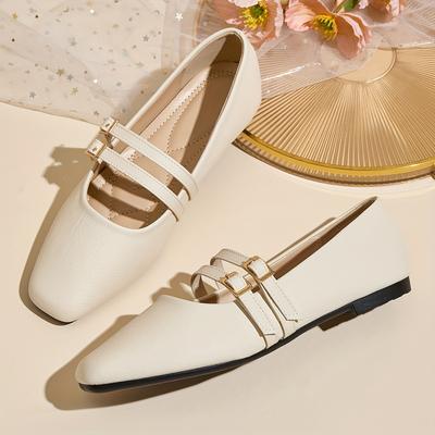 TEMU Women's Elegant Slip-on Flats - Beige Synthetic Shoes With Metal Detail, Comfortable Rubber Sole For Daily , Footwear, Casual Shoes|elegant Footwear|rubber Sole Shoes Image