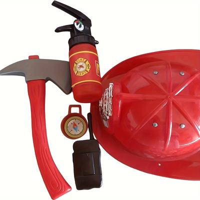 TEMU Red Firefighter Helmet Set With Axe And Spray Bottle - Pretend Play Role-playing Toy, Plastic, Includes Hammer And Water-themed Accessories, Firefighter Tools Image