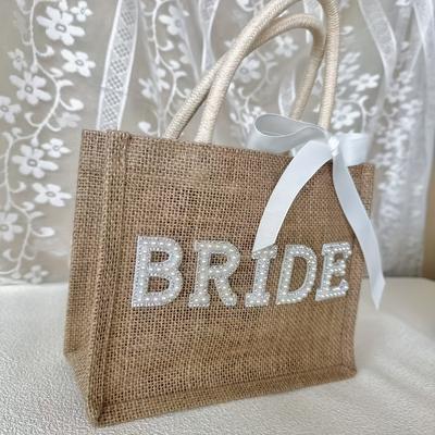 TEMU Beach Tote Bag - Pearl Letter Design, Linen Fabric, Handle, Weddings & Events, Wedding Gift Bag|elegant Tote Bag| Handle, Beach Accessories Image