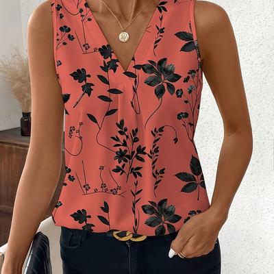 TEMU Elegant Floral Print Sleeveless V-neck Polyester Vest For Women - Woven No Padding Top For Spring/summer/fall Image