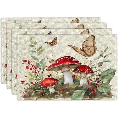 TEMU 4-pack Botanical Mushroom Placemats, Polyester Woven Table Mats With Plants And Butterflies, Hand Washable, Dining Decor Image