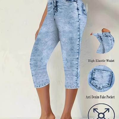 TEMU Women's High-waisted Denim Print Leggings - Stretchy, Anti-slip, Light Blue, Machine Washable, Stretch, Spring/summer/fall Casual Wear Image