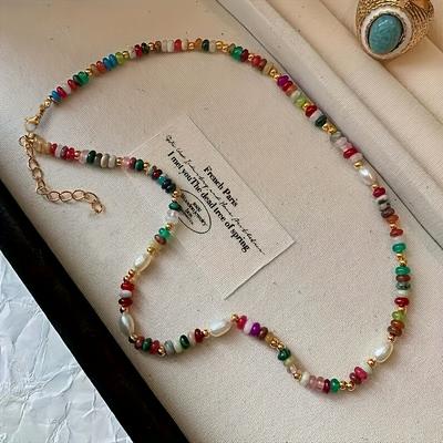 TEMU 1pc Natural Stone Beaded Necklace With - Ethnic & , Multicolor Gemstones For Women, Everyday Casual Jewelry Gift Image