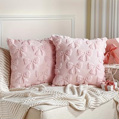 TEMU Set Of 2 Bow Pillow Covers 18x18 Inches, Cute Plush Cover, Cute Bow Fluffy Plush Pillow Case, Suitable For Sofa Living Room Bed Decoration, Pink And White (pillow Insert Not Included) Image
