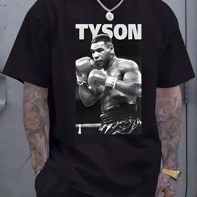 "TEMU Men' "" Graphic Boxing Tee - Casual Crew Neck Short Sleeve T-shirt With Fighter Print, , Casual Wear Tee | Fighter Print Shirt | , Boxing Tee" Image