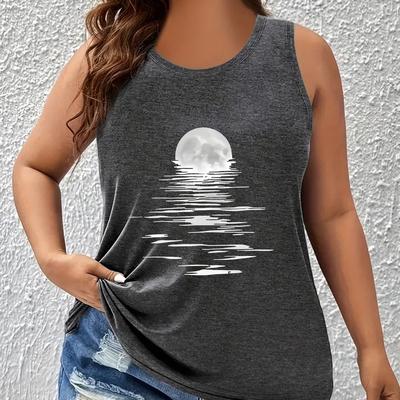 TEMU Women's Plus Size Moon & Geometric Print Sleeveless Tank Top - Dark Grey Relaxed Fit Round Neck Casual Shirt, Machine Washable , Leisure Clothing, Nontransparent Fabric Image