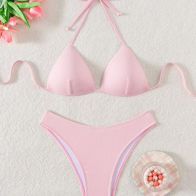 TEMU 1pc Women's High Stretch Polyester Bikini Set With Lace-up Detail, V-neck Hard Cup Top, Conventional Bottom, Knit Fabric, Solid Color, For Swimming - 95% Polyester, 5% Elastane Image