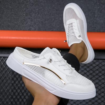 TEMU Women's Fashionable Mesh Slip-on Sneakers - White, Breathable, Low Top Casual Shoes With Metallic Accents, , Casual Footwear | Trendy Sneakers | Comfortable Footwear Image