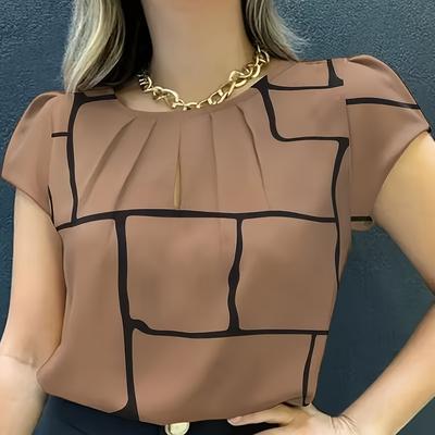 TEMU Women's Chic Geometric Print Pleated Blouse - Short Sleeve, Crew Neck, Design, Casual Spring/summer Top For Casual Attire, Casual Attire Blouse | Chic Casual Top | Stylish Textured Desig Image