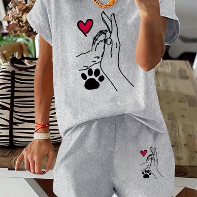 TEMU Women's Casual Summer T-shirt & Shorts Set With Cute Dog Paw - Black Polyester, Round Neck, Short Sleeve Tee & Matching Shorts, Casual Wear| Print|polyester Fabric Image