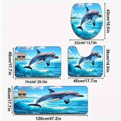 TEMU 3pcs/4pcs Flannel Bath Rug Set, Dolphin Pattern, 1cm Thick, 580g/㎡, Fade Resistant, Polyester 100%, Knit Fabric, Rectangle Shape, With U-shaped Feet For Toilet Seat Cover Image