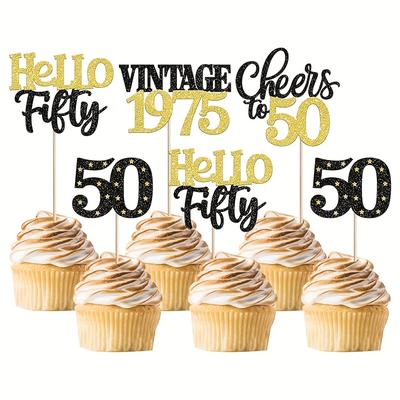 "TEMU 24pcs Vintage 1975 50th Birthday Cupcake Toppers - " To Fifty" Glittery Bamboo Cake Picks For Anniversary & Milestone Party Decorations" Image
