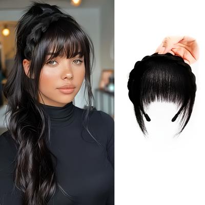 TEMU 1pc Elegant Women’s Clip-in Synthetic Bangs With Double Braid Design - Lightweight, Versatile Hairpiece For All Hairstyles, And Special Occasions | Sleek Black Bangs Accessory Image