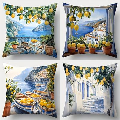 TEMU 4pcs Set, Sofa Pillow Cover, Lemon Tree Pillowcase, 17.7 Inches * 17.7 Inches, Single-sided Printing, Home Decoration, Sofa Lumbar Support Cover, Pillow Cover Without Pillow Core Image