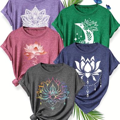 TEMU 5pcs Women's Floral Print T-shirts - Casual Crew Neck, Short Sleeve, Medium Stretch, Vibrant Colors (s-xxl) - Perfect For Spring, Summer & Image