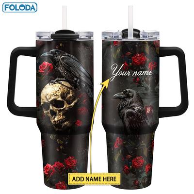 TEMU 1pc Gothic & 40oz Stainless Steel Tumbler With Lid & Straw - Personalized Name Option, , Leak-proof Travel Mug For , Perfect Halloween & Christmas Gift, Halloween Gift|gothic Design| Drinkware Image