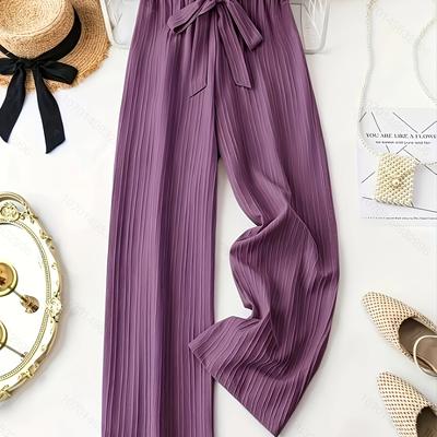TEMU Women' Wide-leg Purple Pants With Bow Detail - Casual Polyester Trousers For All , Adult Fashion, Fashion Wide Leg Pants | Stylish Bow Detail | Polyester Fabric Image