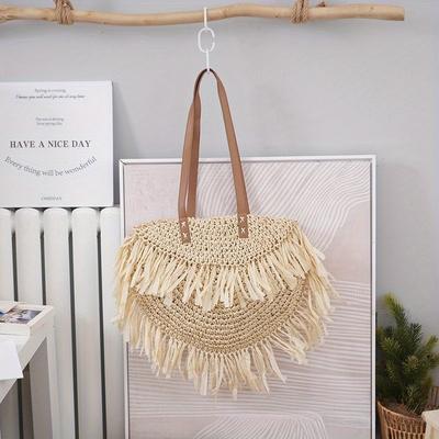 TEMU Women's Large Tassel Straw Beach Bag, Semi-circle Paper Rope Shoulder Bag, Large Capacity Straw Bag, Seaside Vacation, Street Style Wea Image